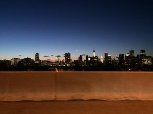 My postcard view of NYC on the approach to the Holland Tunnel at 6:30 a.m. (There's a traffic light, so we were standing still; no snapping & driving for me!)